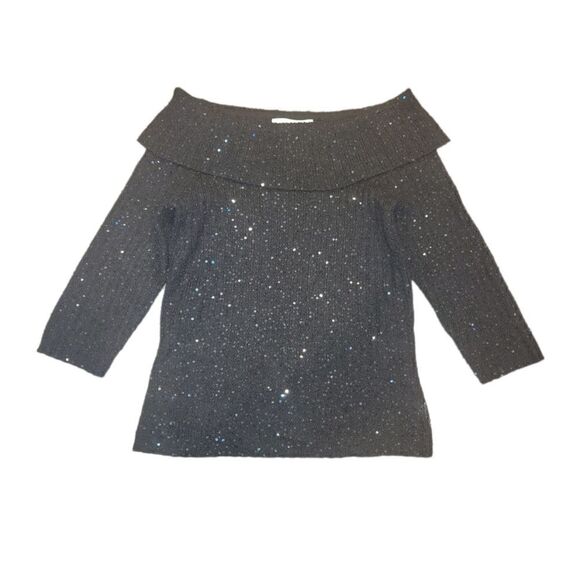 Vie By Victoria Royal Black Sequin Off the Shoulder Wool Silk Sweater M - Picture 4 of 8